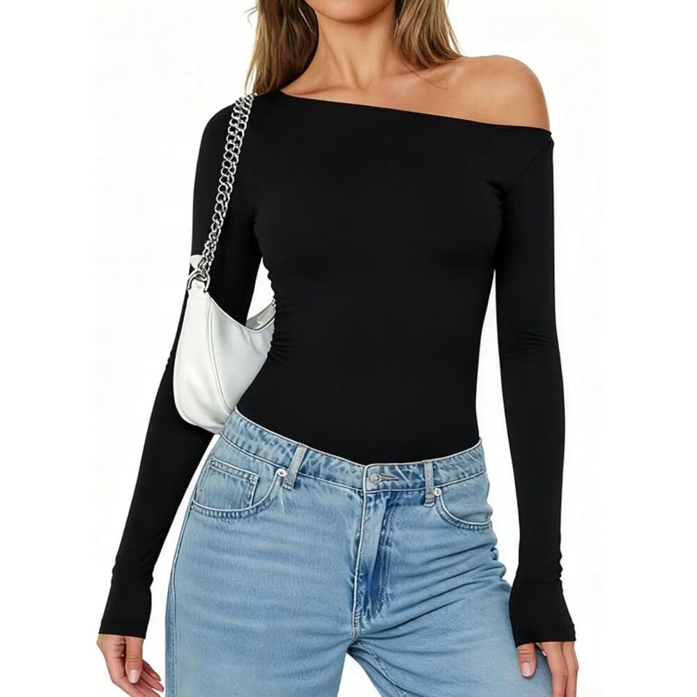 Black Off-Shoulder Bodysuit | Y2K Sexy Going Out One-Shoulder Top